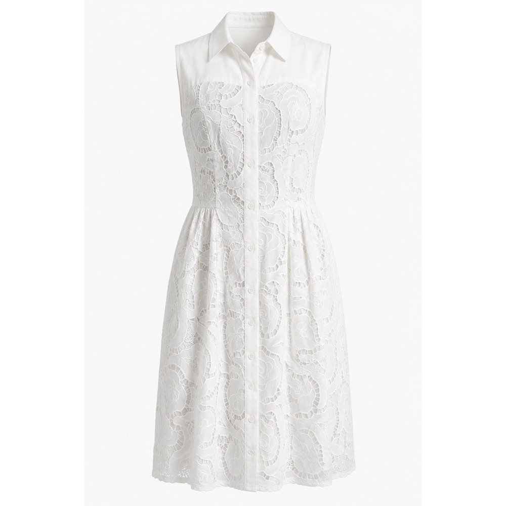 NWT Avara Eyelet Lace Shirt Dress Mini White Sleeveless Button Front‎ L